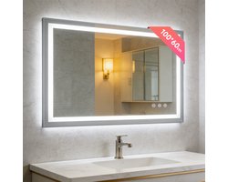 KUTAS® Badkamerspiegel met LED Verlichting & Verwarming – Rechthoekige Wandspiegel – Anti Condens Douchespiegel - Dimbaar - 3000K/4500K/6500K - 100x60cm