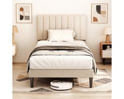 KUTAS Bedframe 90x200 cm - Gestoffeerd - Verticale Strepen - Opbergruimte Onder Bed - Lattenbodem - Extra Stevig Frame - Anti Slip - Eenpersoonsbed - Zonder Matras - Verstelbaar - Grijs