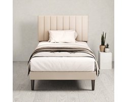 KUTAS Gestoffeerd 90x200 cm - Eenpersoonsbed - Verticale Strepen Stijl - Opbergruimte Onder Het Bed - Inclusief Lattenbodem - Metalen Bedframe - Stevig - Stil - Verstelbaar Hoofdeinde - Beige