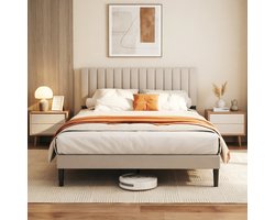 KUTAS Gestoffeerd Tweepersoonsbed 140x200 cm - Verticale Strepen Stijl - Metalen Bedframe - Grote Opbergruimte - Inclusief Lattenbodem - Robuuste Constructie - 600 kg Draagkracht - Zonder Matras - Grijs