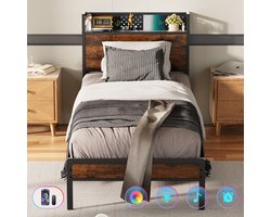 KUTAS Heavy Duty Metalen Bedframe 90x200 cm - Eenpersoonsbed - Jongerenbed - Jeugdbed - Met LED Verlichting - Stopcontacten - USB Poorten - Eenvoudige Montage