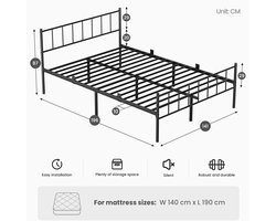 KUTAS Metalen Bed 140x190 cm - Met Met Hoofd- & Voeteneinde - Extra Stevig - Anti Slip - Grote Opbergruimte - Eenvoudig te Monteren - Lattenbodem - IJzeren Bed - Zwart