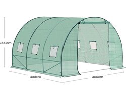 Kweekkas - Tuinkas - Walk-in Foliekas - Tuinkassen – Polytunnel voor Tomaten, Bloemen & Planten - Groen - Kas - Tomatenhuis - 300x300x200cm – Winterbestendige - Met Deur & 6 Ramen