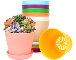 Kweekpot - Kleurrijke Bloempot - Met Afvoergaten - Inclusief Schotel - 12 Cm Kunststof - 8 Stuks - Voor Binnen Buiten Kantoor