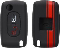 kwmobile autosleutel hoesje geschikt voor Peugeot Citroen 2-knops inklapbare autosleutel - Autosleutel behuizing in rood / zwart - Rallystrepen design