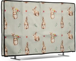 kwmobile stoffen beschermhoes televisie - TV-hoes geschikt voor 49-50" TV - Afdekhoes van linnen - In wit / bruin / grijsgroen Konijntjes en Bloemen design