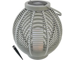 Kynast Garden - Grote Rotan Solar Lantaarn - H=45cm met LED kaars - Grijs - Tuinverlichting op Zonneenergie - Tafellamp voor buiten met Sensor - Ideaal voor Terras , Balkon of Tuin