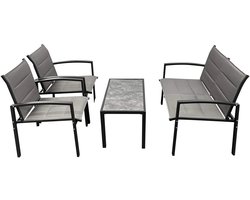 Kynast Loungeset 4 delig van metaal met bank, 2 stoelen en tafel zwart grijs, voor binnen en buiten 4 delige tuinset