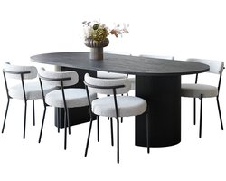 Kyoto eethoek eettafel 100x210cm donkerbruin en 6 stoelen bouclé wit.