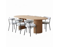 Kyoto eethoek eettafel 100x210cm natuur, 6 stoelen bouclé wit.