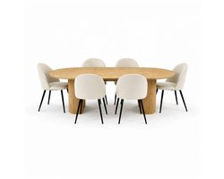 Kyoto eethoek eettafel 100x210cm natuur, 6 stoelen ribfluweel beige.