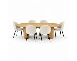 Kyoto eethoek eettafel 100x210cm natuur, 6 stoelen velours beige.