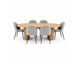 Kyoto eethoek eettafel 100x210cm natuur, 6 stoelen velours grijze.