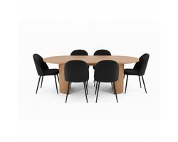 Kyoto eethoek eettafel 100x210cm natuur, 6 stoelen velours zwart.