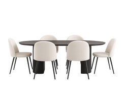 Kyoto eethoek eettafel donkerbruin, 6 stoelen met beige ribfluweel bekleding.