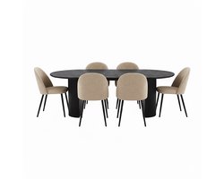Kyoto eethoek eettafel donkerbruin, 6 stoelen met beige velours bekleding.