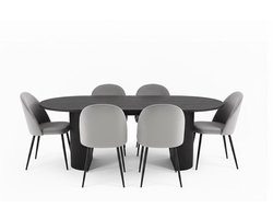 Kyoto eethoek eettafel donkerbruin, 6 stoelen met grijze velours bekleding.