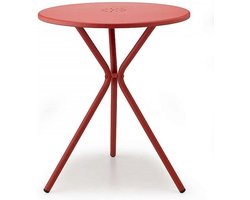 Kyra bistrotafeltje. Leuk designtafeltje in de kleur rood, voor als u een klein terrasje hebt. Slank model geschikt voor 2 stoelen. Alleen verkrijgbaar per 2 stuks.
