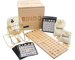 Kyto Bingo Spel Deluxe Set – Gouden Metalen Trommel & Houten Kist – 75 Ballen, 150 Chips, 18 Kaarten + 500 Vellen – Gezelschapsspel voor Familie, Feest & Senioren