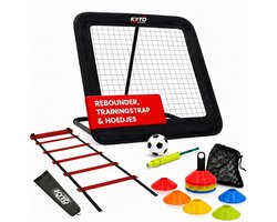 Kyto Sports Voetbal Trainingsset 3-delig – Rebounder 100x100 cm, 50 Markeerhoedjes & Coördinatieladder 6 m – Voor Voetbaltechniek, Agility, Snelheid, Footwork en Conditie