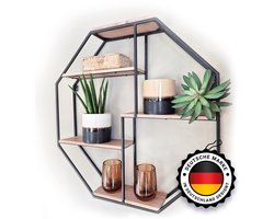 Kyto zwart metalen wandrek industrieel achthoekig 60x60cm Diameter - Decoratief Rek van Metaal in Octagonale Vorm - Wandplank voor Keuken, Slaapkamer, Woonkamer