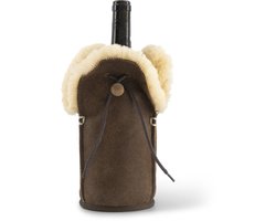 Kywie® champagnekoeler van schapenvacht – wijnkoeler - 100% natuurlijk – 0,75l – temperatuurbehoudend - geschikt voor champagne, wijn, bourgogne, waterflessen - Bruin leer