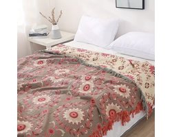 KZQ 100% Katoen Deken Boho Ultra Zacht, Omkeerbare Deken met Dubbelzijdige Vogel en Bloem Borduurwerk, 150 x 200 cm Ademend All Seasons Dekbed voor Bank Bed, Sprei met Franjes, Lichtgewicht Decoratie Hondenkussen Stijl 5