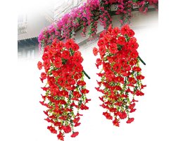 KZQ 2 stuks morning glory-wijnstokken - Hangende bloemen - Decoratie voor de tuin - Kunstmatige hangmand met nepbloemen - Simulatie kunstmatige petunia - Hangende wijnstokken voor aan de muur - Geschikt voor bloempotten, veranda's en patio's - Rood
