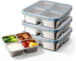 KZQ 3 Stuks Roestvrijstalen Snackbox met 4 Vakken, Lekvrije Broodtrommel voor Kinderen met Deksel, Herbruikbare Bento Box BPA-vrij voor School en Werk