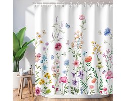 KZQ Bloemen douchegordijn 180x200 cm met haken - Waterverf planten design - Wasbaar en decoratief voor badkamer - Wildflower patroon - Geschikt voor elke badkamerstijl - Multicolor