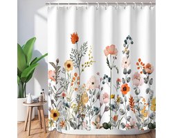 KZQ Bloemen douchegordijn 180x200 cm met haken - Waterverf planten design - Wasbaar en decoratief voor badkamer - Wildflower patroon - Geschikt voor elke badkamerstijl - Multicolor