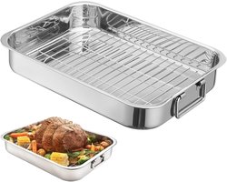 KZQ Braadslede met Rooster XL van RVS, Ovenschaal voor Kalkoen, Kip en Ham, Vaatwasserbestendig, Zilver 33*23*5CM
