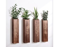 KZQ Bruine Set Van 4 Houten Wandplantenbakken Modern Boheems Wanddecoratie voor Woonkamer Slaapkamer Zakvazen voor Droogbloemen en Kunstgroen