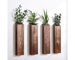 KZQ Bruine Set Van 4 Houten Wandplantenbakken Modern Boheems Wanddecoratie voor Woonkamer Slaapkamer Zakvazen voor Droogbloemen en Kunstgroen