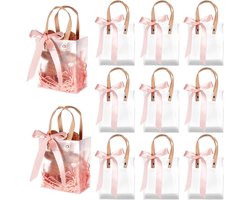 KZQ Cadeautasjes - Transparante cadeautasjes met handvat - Rechthoekige matte tasjes - Met roze lint - 24 tasjes - 15 x 13 x 7 cm - Herbruikbare plastic cadeautasjes - Geschikt voor bruiloften, bruidsmeisjes, enz.
