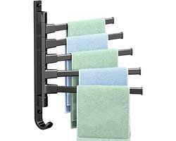 KZQ Draaibaar handdoekrek - Badhanddoekrek - Met haken - Zwenkarm handdoekrek - Wandmontage - Geschikt voor badkamer en keuken - Zwart - 5 armen