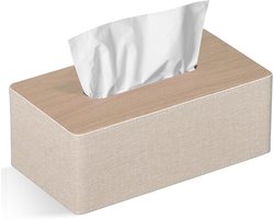 KZQ Houten tissueboxhouderhoes - Rechthoekige tissueboxhoes - Afneembare tissuedispenser - 19 cm (L) x 12 cm (B) x 7,5 cm (H) - Leren tissuedispenser - Voor op het badkamermeubel, slaapkamer, woonkamer, keuken - Beige