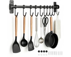 KZQ Keukengereirek met ophangstang voor kookgerei - 40 cm breed - Keukengerei-organizer - Met 6 verplaatsbare haken - Ruimtebesparend hangend keukengereirek (keukengerei niet inbegrepen)