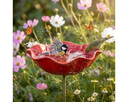KZQ Metalen Bloem Tuinpaal - 1 Stuk - Met Vogeldrinkbak & Bijenwaterbak - Insectenhotel - Tuinaccessoires - Bloemontwerp - Voor Buiten Tuin Decoratie - Rood
