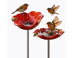 KZQ Metalen Bloem Tuinpaal - 2 Stuks - Met Vogeldrinkbak & Bijenwaterbak - Insectenhotel - Tuinaccessoires - Bloemontwerp - Voor Buiten Tuin Decoratie - Rood