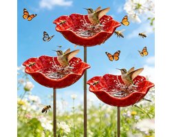 KZQ Metalen Bloem Tuinpaal - 3 Stuks - Met Vogeldrinkbak & Bijenwaterbak - Insectenhotel - Tuinaccessoires - Bloemontwerp - Voor Buiten Tuin Decoratie - Rood