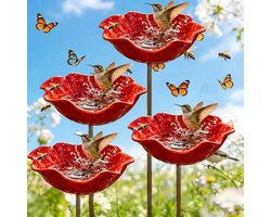 KZQ Metalen Bloem Tuinpaal - 4 Stuks - Met Vogeldrinkbak & Bijenwaterbak - Insectenhotel - Tuinaccessoires - Bloemontwerp - Voor Buiten Tuin Decoratie - Rood