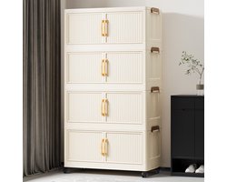 KZQ Opbergboxen Met Wiel En Deuren - 4 Lagen - Vouwbare Plastic Organizer Laden Voor Kast Dorm En Kantoor - Afneembare Deksels En Ruimtebesparend - Crèmewit