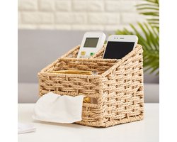KZQ Opbergmand gevlochten - Rieten multifunctionele mand voor bureau en salontafel - Opbergmand voor afstandsbediening, sleutels, cosmetica en kleine spullen - Natuurlijke stijl, landelijk design