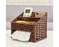 KZQ Opbergmand gevlochten - Rieten multifunctionele mand voor bureau en salontafel - Opbergmand voor afstandsbediening, sleutels, cosmetica en kleine spullen - Natuurlijke stijl, landelijk design