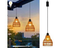 KZQ Rattan Hanglamp — Snoerloos, werkt op batterijen, inclusief afstandsbediening, dimbaar en met timerfunctie — Geschikt voor binnen en buiten (tuin, balkon, woonkamer) — IP44-classificatie, vintage design — 1 stuk