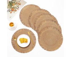 KZQ Ronde Placemat Set van 6 Lichtbruin 38 cm Geweven Papier Boho Stijl Geschikt voor Eettafel Bruiloft Kerst Thanksgiving en Feestdagen