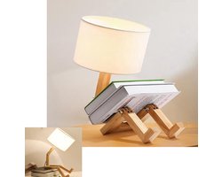 KZQ Schattige bureau- en leeslamp met houten basis - Veranderbare robotvorm - Linnen kap - Perfect voor slaapkamer kinderkamer en woonkamer - Creatief en functioneel ontwerp