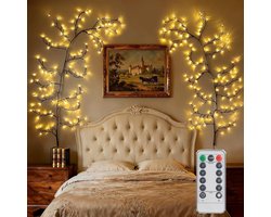 KZQ Set van 2 Verlichte Wilgentakken met 144 LED, Lichttakken voor Binnen met Stekker en Afstandsbediening, Boom Wanddecoratie en Sfeerverlichting voor Slaapkamer en Woonkamer Decoratie