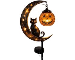 KZQ Solar zwarte kat en pompoen maanstaaklamp 85 cm - Halloween tuindecoratie van weerbestendig PET - Voor sfeervolle buitenverlichting in tuin en erf - Multicolor
